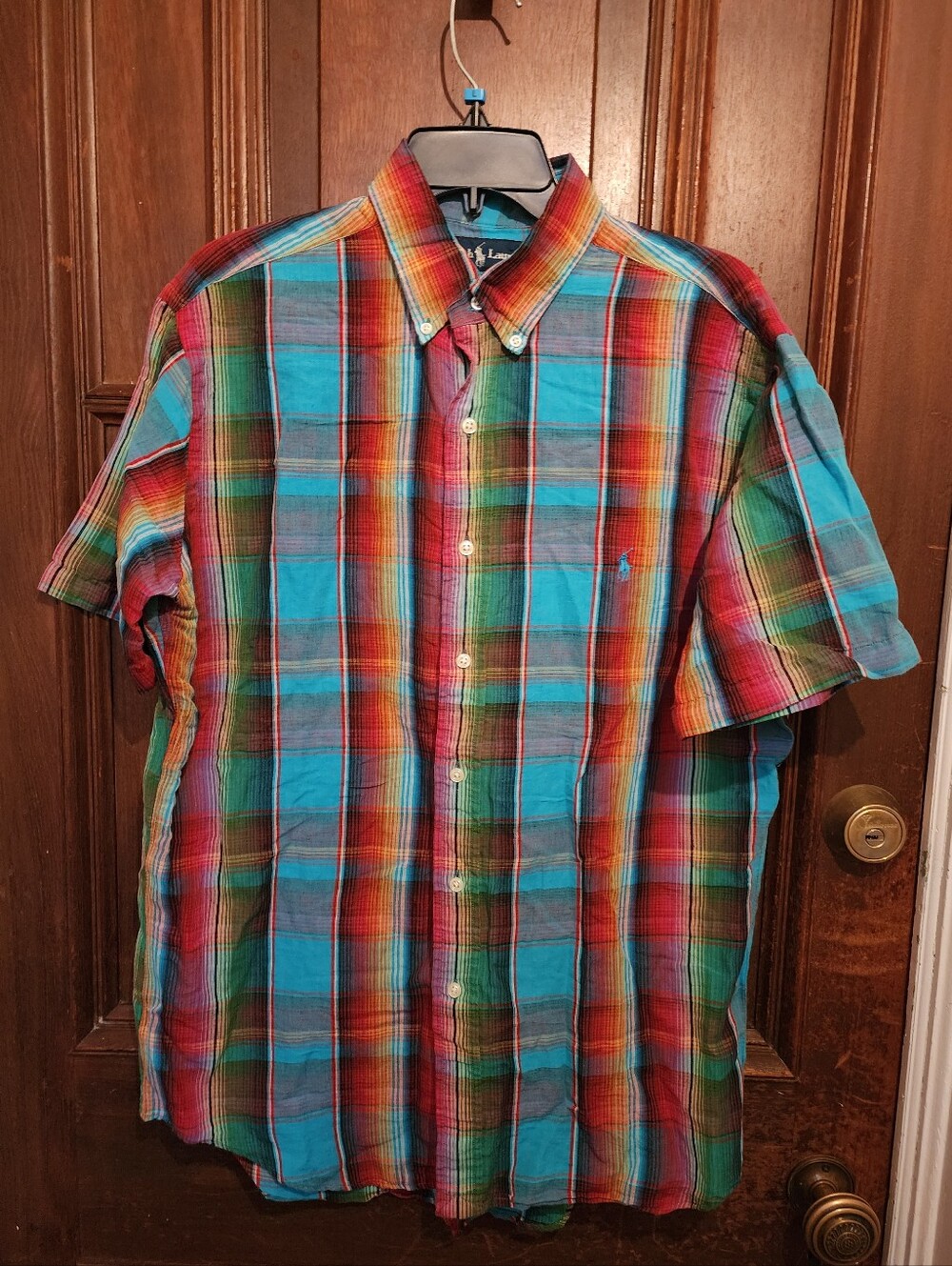 Polo Ralph Lauren Shirt Mens Medium M Custom Fit Rainbow Plaid Linen Cotton